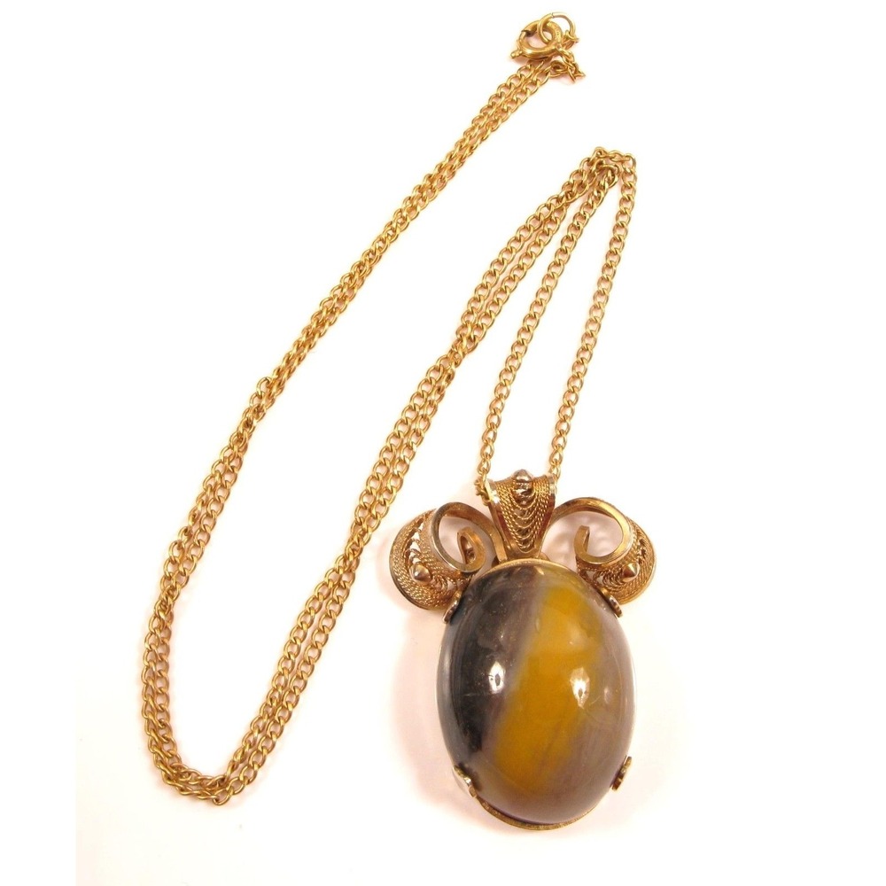 Vintage Big Striped Gemstone Floral 12K‎ Gold Filled Chain Pendant Necklace